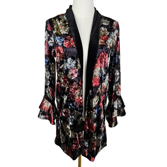 BCBGeneration Crushed Floral Velvet Open Cardigan Sz Small Junior Boho - Picture 1 of 12
